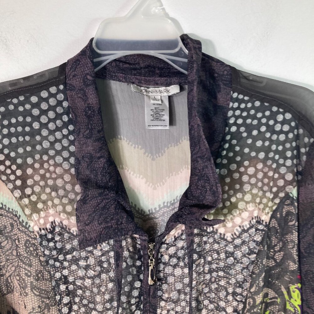 Womens John Mark Lagenlook Sheer Tunic Top Floral Dots Full Zip Multicolored L P - Picture 4 of 10